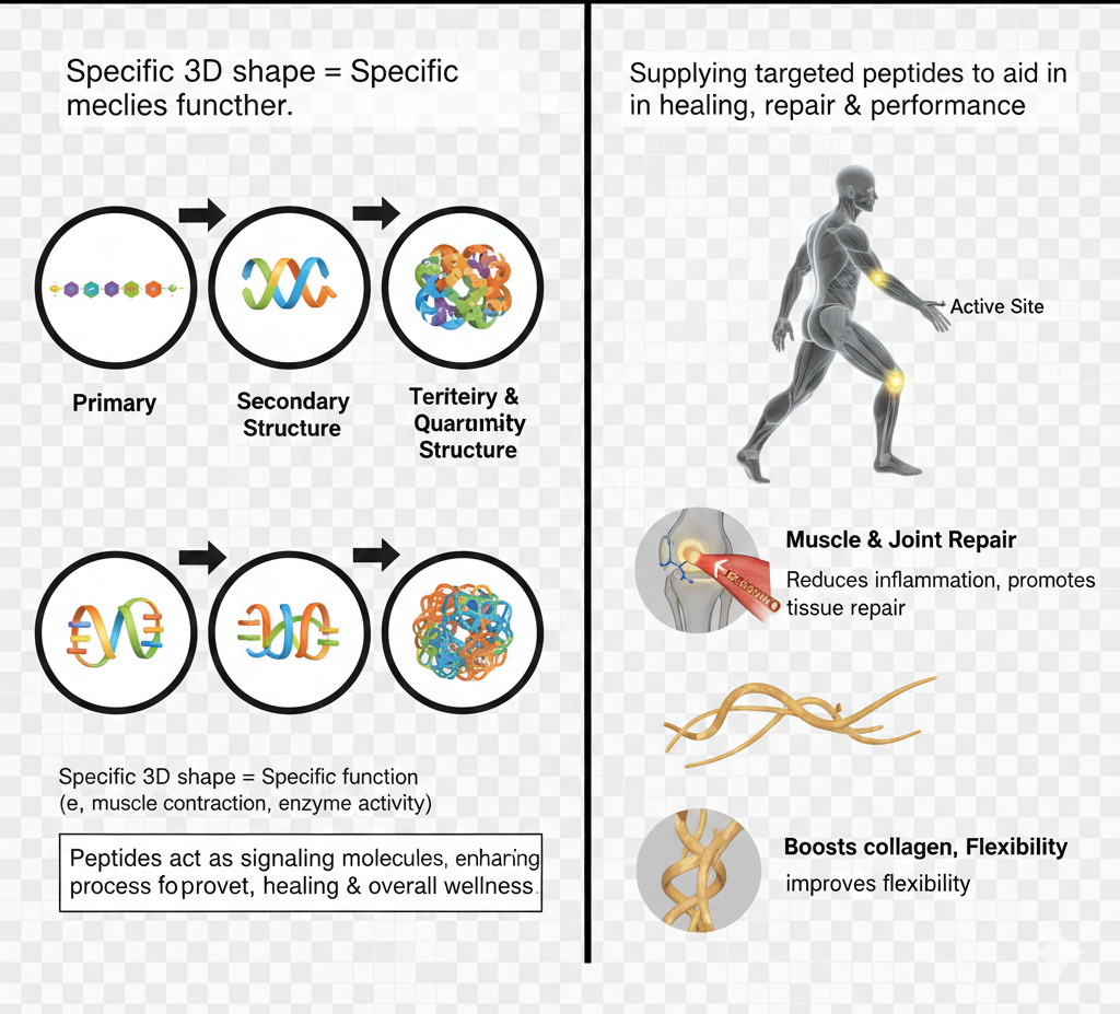 transformation of amino acid chains from primary to tertiary structures and the benefits of peptide therapy for human movement, muscle repair, and joint flexibility.