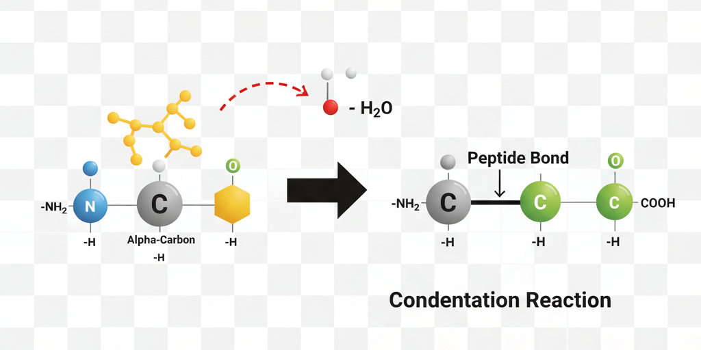 Amino acids link together through peptide bonds. The carboxyl group of one amino acid reacts with the amino group of another, releasing a water molecule and forming a strong covalent bond.